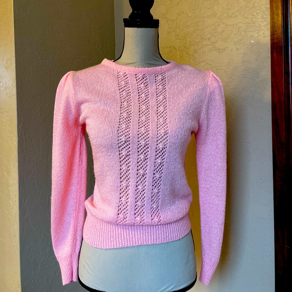 Jean Nicole Sz Med Bubble Gum Pink Pearl Detail Lightweight Knit Vintage Sweater